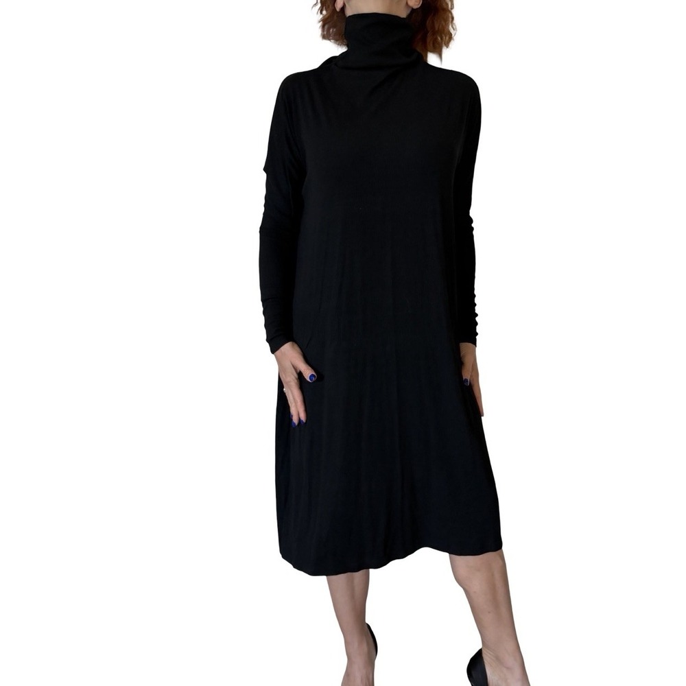 Mimu Maxi Black Dress Ribbed Knit Turtleneck Long Sleeve Modest Minimalist S